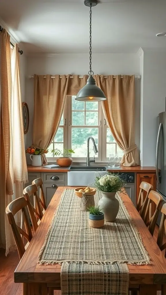 31+ Rustic Kitchen Design Ideas to Transform Your Space 4 A rustic kitchen featuring a wooden table with a woven table runner, surrounded by chairs, and soft curtains filtering light.