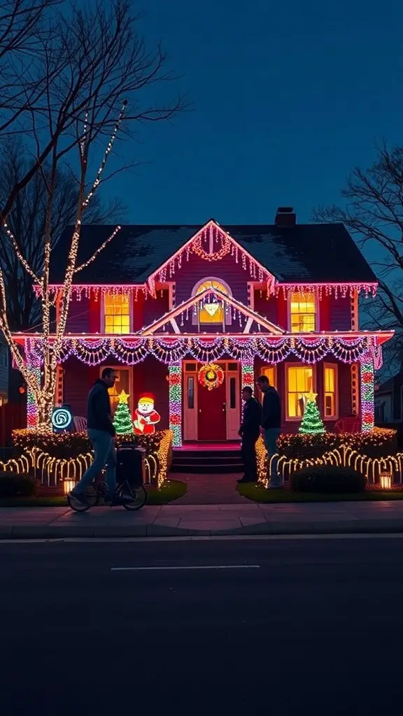 A house decorated with colorful animated Christmas lights, featuring a Santa figure and Christmas trees.