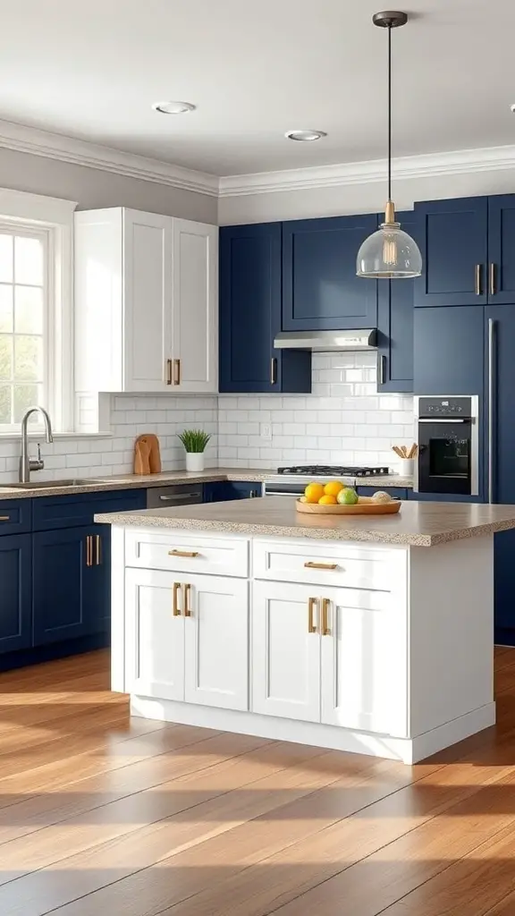 27+ Stylish Slim Shaker Cabinets for Your Dream Kitchen 5 A modern kitchen featuring navy blue and white shaker cabinets with a wooden floor and bright lighting.