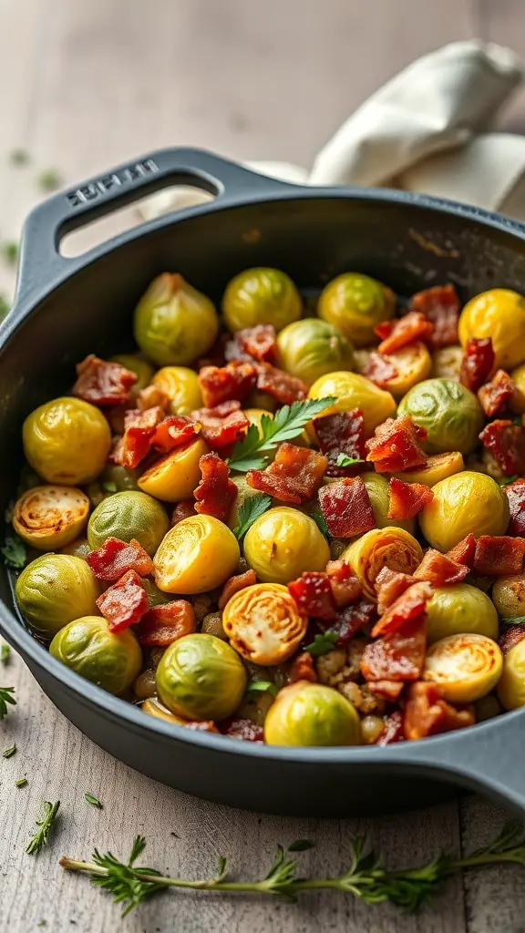 A skillet filled with Brussels sprouts and crispy bacon, garnished with herbs.