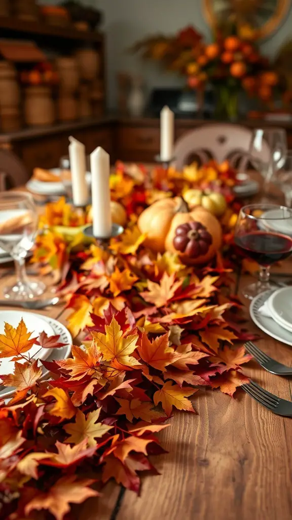 A Thanksgiving table decorated with a colorful leaf garland, candles, and small pumpkins.