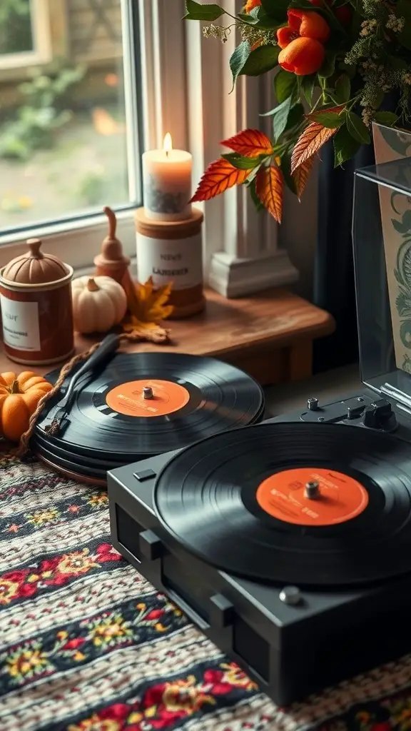 A cozy scene with a record player, vinyl records, and autumn decorations, perfect for a Thanksgiving playlist.
