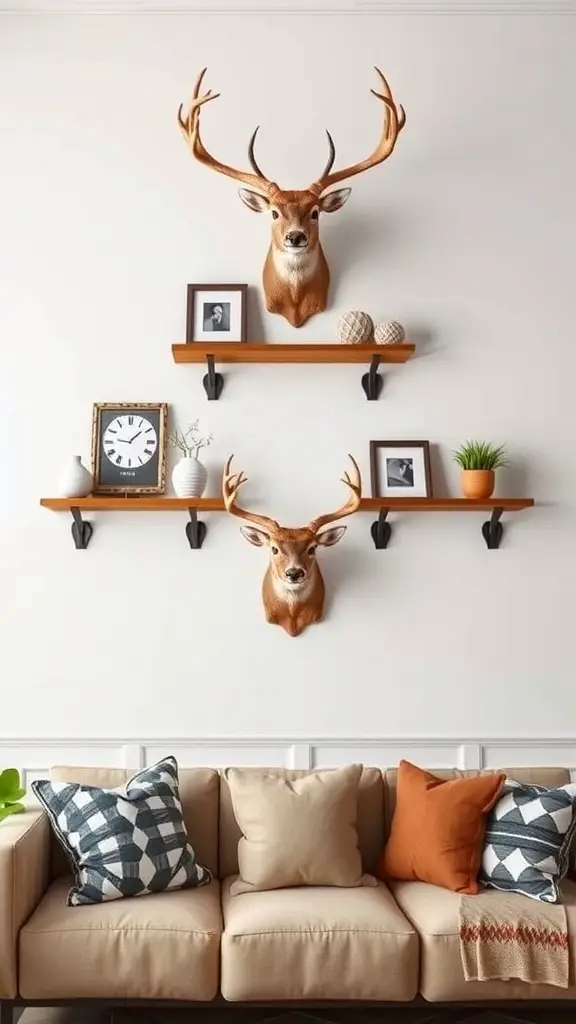 27+ Stunning Deer Mount Wall Arrangements for Every Home 8 A wall display featuring deer mounts and antler shelves with decorative items.