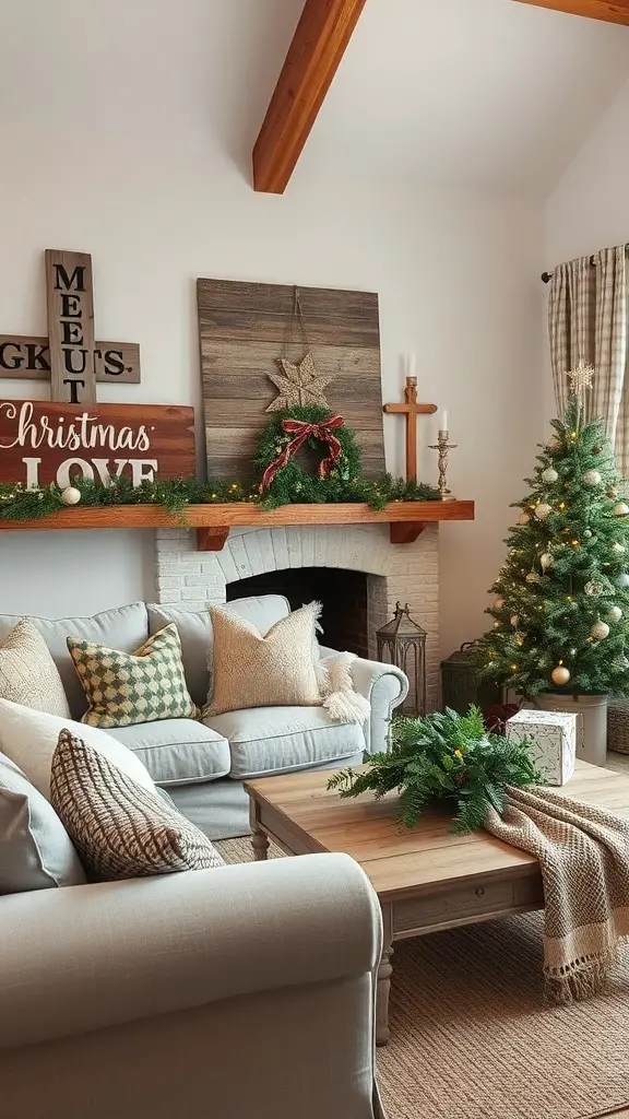 Cozy Christmas living room with rustic decor accents, featuring a fireplace, wooden beams, and a decorated Christmas tree.