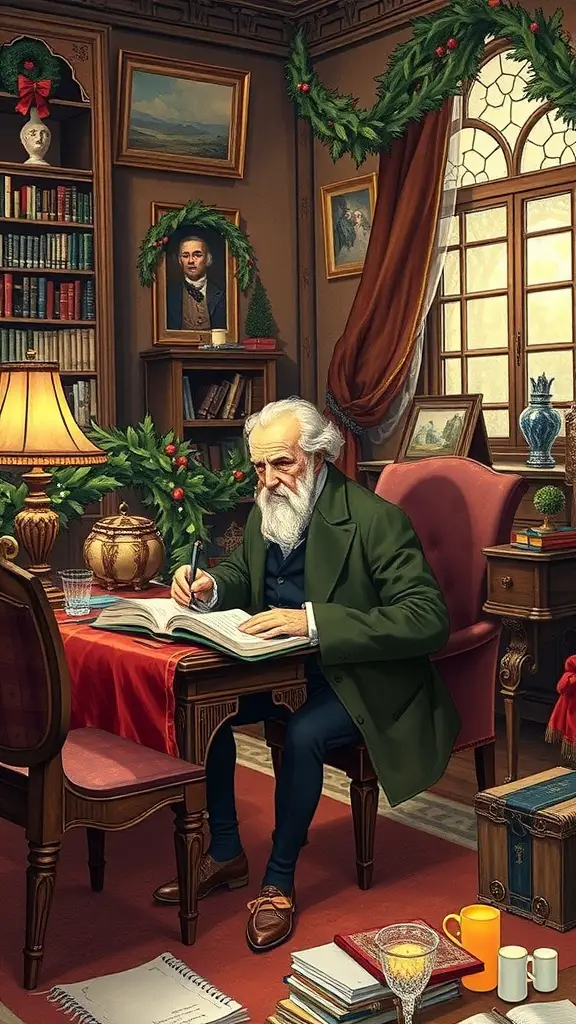 A cozy room decorated for Christmas, featuring a man writing at a desk surrounded by books and festive decorations.
