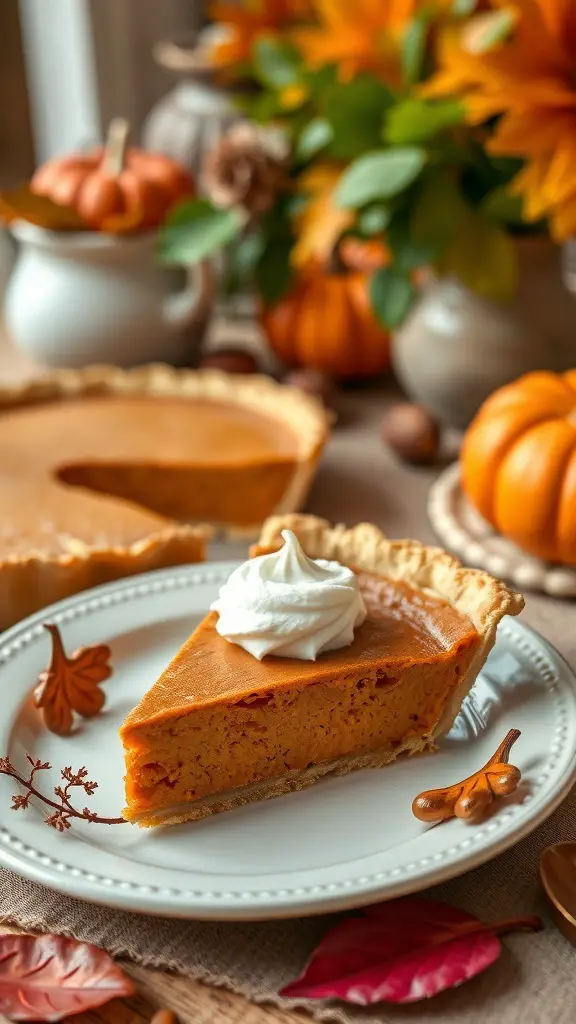 27+ Must-Have Dishes for the Ultimate Thanksgiving Spread 9 A slice of pumpkin pie topped with whipped cream on a white plate, surrounded by autumn decorations.