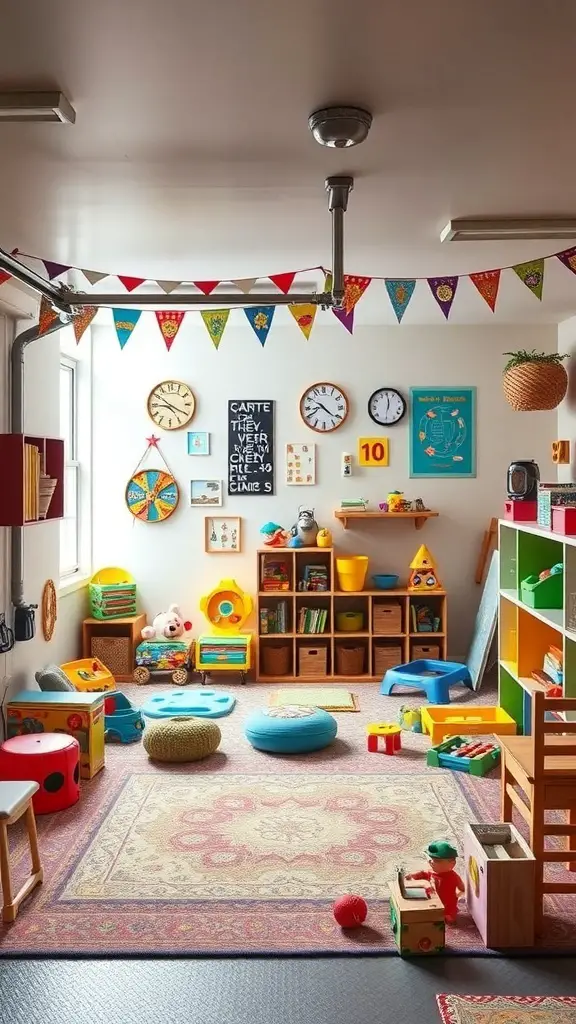 23+ Creative Garage Conversion Ideas for Your Home 3 A colorful and playful garage conversion designed as a kids' playroom, featuring toys, storage, and cheerful decorations.
