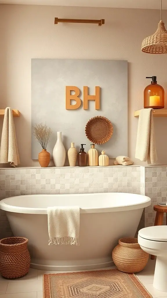 23+ Chic Neutral Toned Bathroom Ideas for a Serene Space 3 A neutral toned bathroom featuring a white bathtub, woven baskets, and decorative vases.