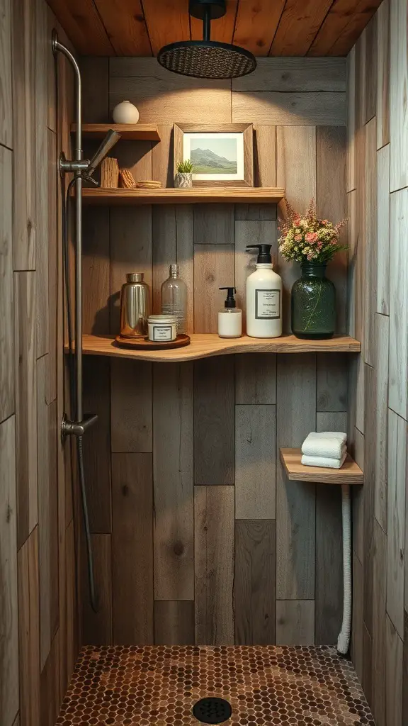 27+ Inspiring Rustic Walk-In Shower Ideas You’ll Love 12 Rustic walk-in shower with wooden shelves displaying bottles and a small plant.