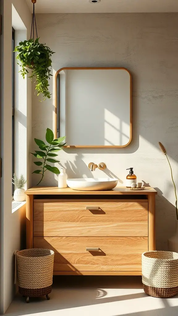 A cozy bathroom corner featuring a wooden vanity, round sink, and plants.