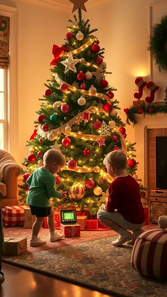 27+ Fun Christmas Activities for Kids to Enjoy This Holiday Season 12 Two children exploring under a beautifully decorated Christmas tree with gifts and ornaments.