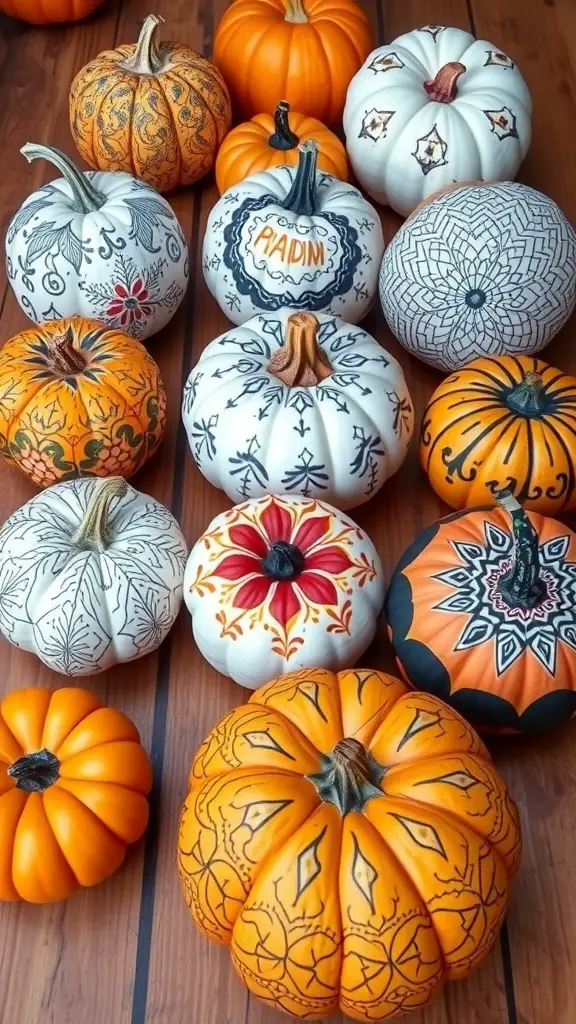 25+ Creative Thanksgiving Crafts for Adults 7 A collection of hand-painted pumpkins in various colors and designs, showcasing creativity for Thanksgiving decorations.