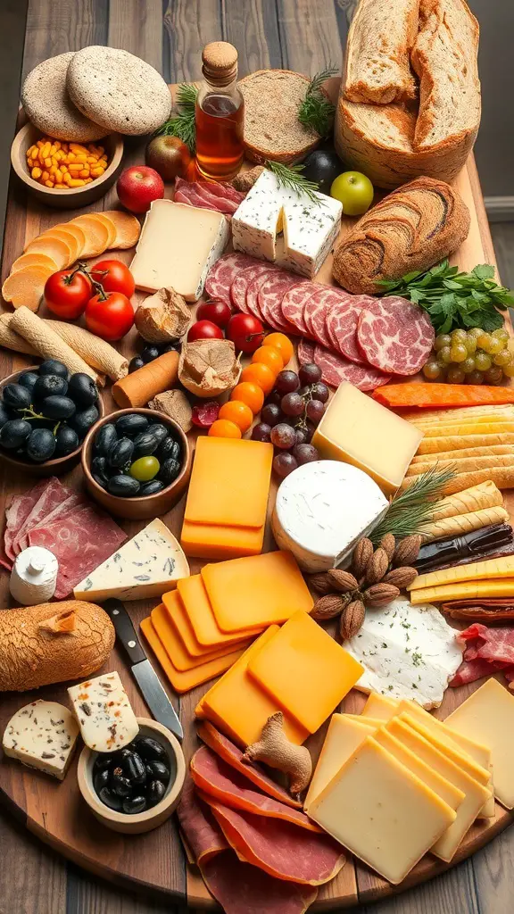 A beautifully arranged grazing table featuring a variety of cheeses, cured meats, fresh fruits, and breads.