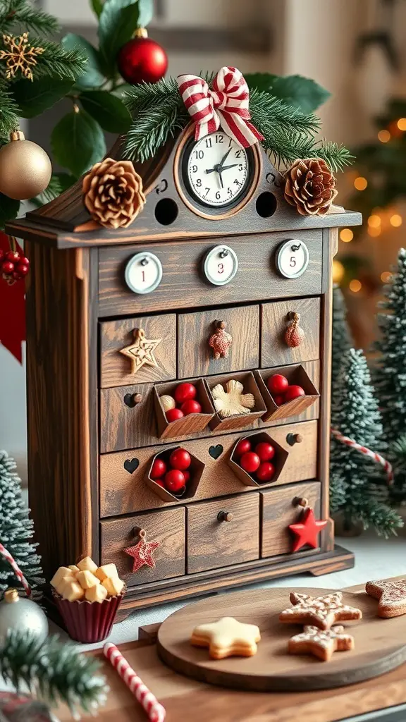 A wooden advent calendar decorated with pinecones and greenery, featuring small drawers filled with festive treats.