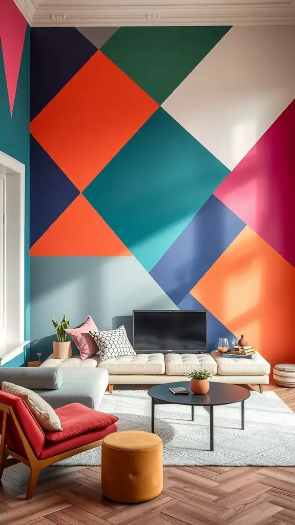 27+ Stunning Wall Paint Designs to Transform Your Space 5 A modern living room featuring geometric wall paint designs in vibrant colors.