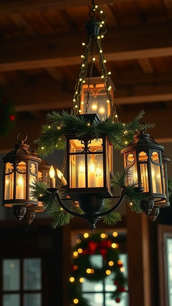 29+ Stunning Christmas Chandelier Ideas to Brighten Your Holidays 13 Rustic farmhouse lantern chandelier decorated with greenery and warm lights