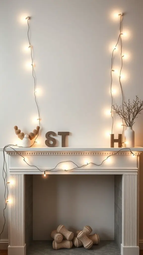 A cozy mantel decorated with subtle string lights and minimal holiday decor.