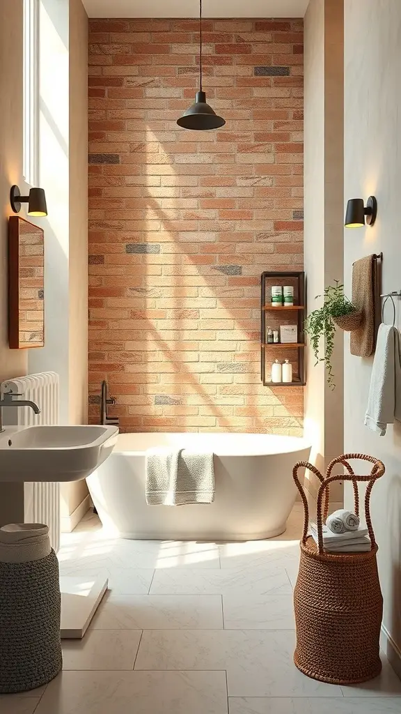 23+ Stunning Bathroom Brick Wall Accent Ideas You Need to Try 11 A modern bathroom with a brick wall, freestanding tub, and warm lighting