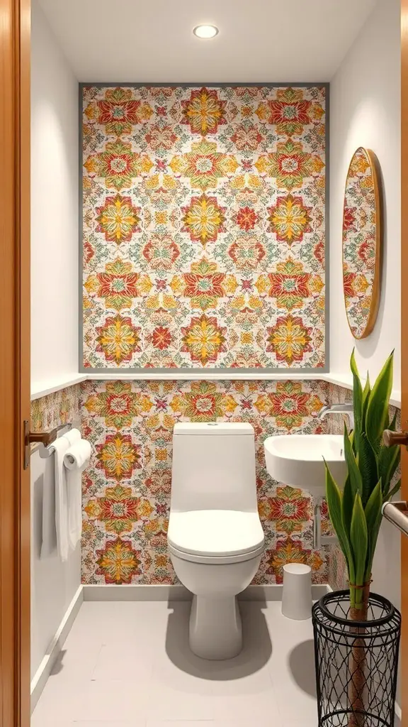 A small bathroom featuring a colorful tile accent wall with floral patterns, a white toilet, and a round mirror.