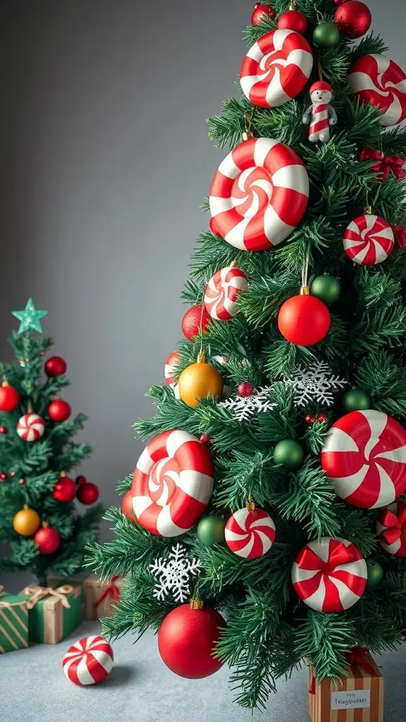 A whimsical peppermint candy tree decorated with red and white ornaments, green baubles, and snowflakes.