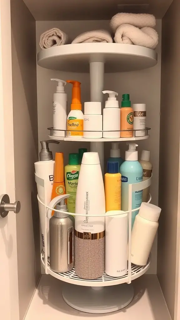 25+ Bathroom Closet Organization Ideas You’ll Love 16 A rotating organizer in a bathroom closet with towels and various toiletries