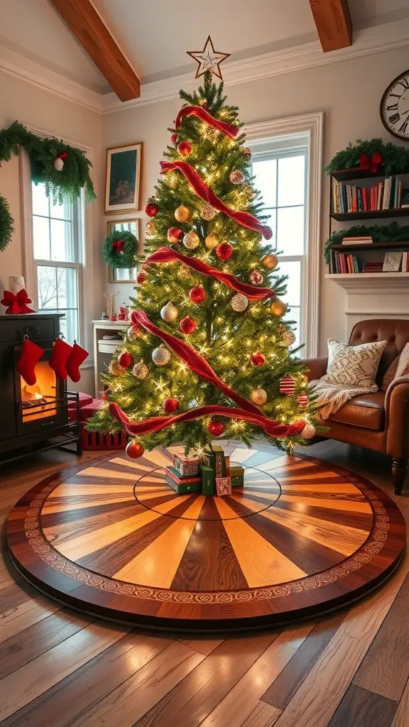 A beautifully crafted wooden Christmas tree skirt with a circular design, placed under a decorated Christmas tree.