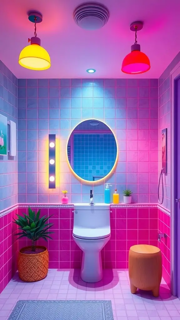 29+ Stylish Lighting Ideas to Transform Your Bathroom 16 A colorful bathroom featuring vibrant pendant lights, pink tiles, and a round mirror.