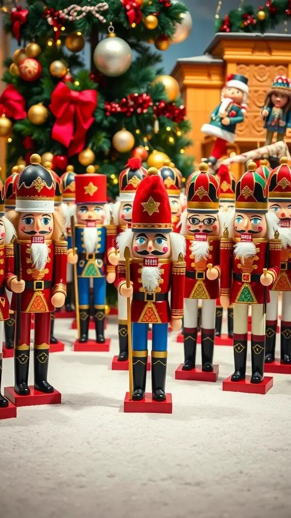 25+ Magical Nutcracker Christmas Decorations You Need This Holiday Season 3 A festive display of colorful nutcracker figures surrounded by Christmas decorations.