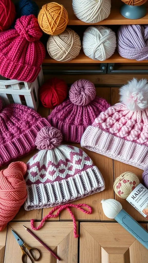 Colorful DIY winter hats made from yarn, displayed with various yarn balls.