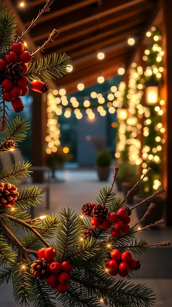 A close-up of pinecone and berry accents with string lights in the background, creating a festive patio atmosphere.