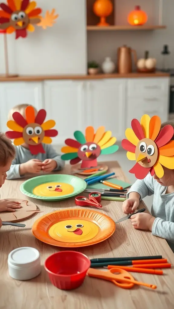 Toddlers making turkey masks with colorful paper plates and craft supplies.