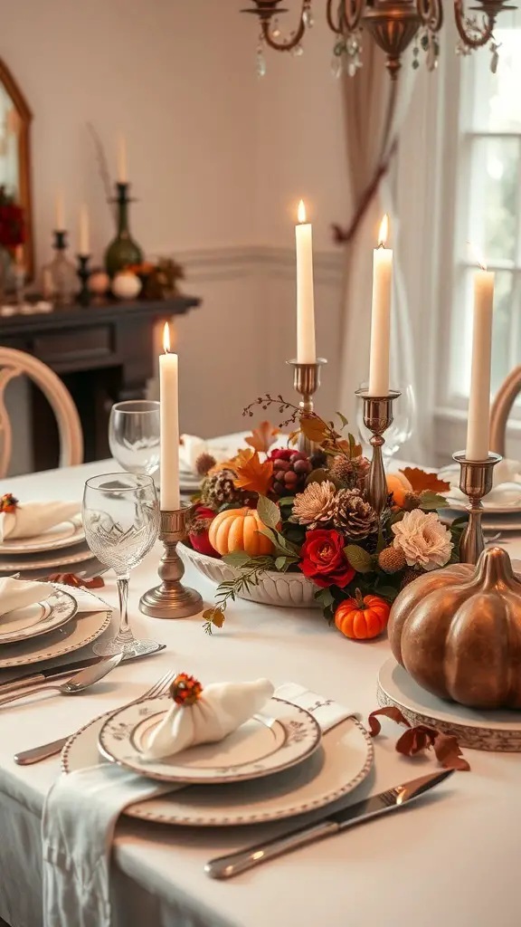 An elegant Thanksgiving table setting with white tablecloth, decorative plates, candles, and a floral centerpiece.