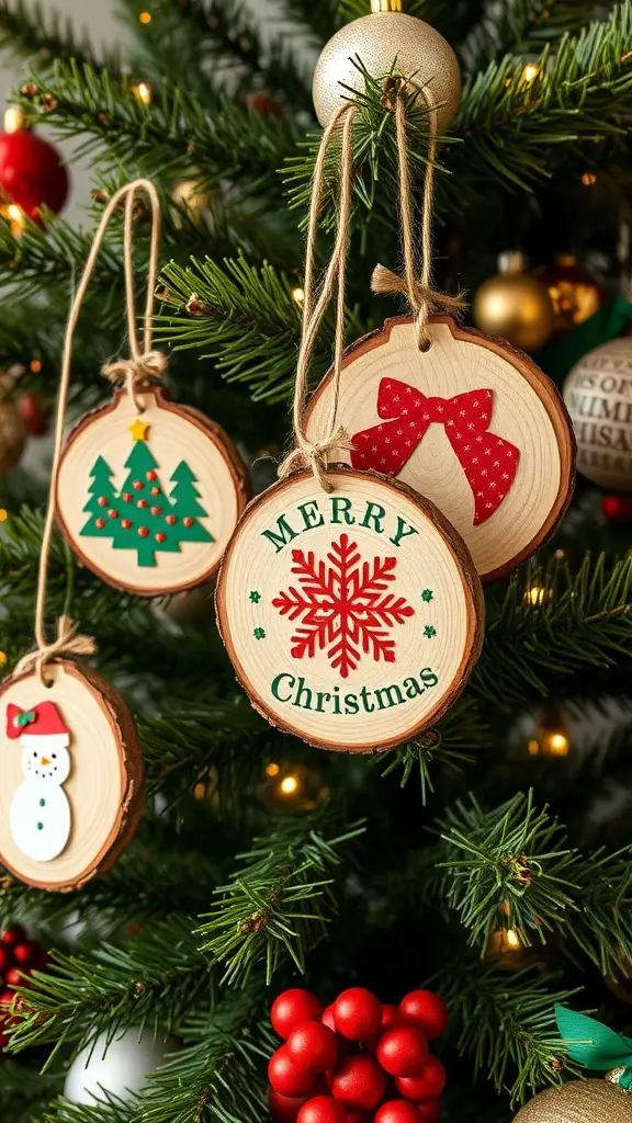 Wood slice ornaments hanging on a Christmas tree, featuring festive designs like a Christmas tree, snowman, and snowflake.