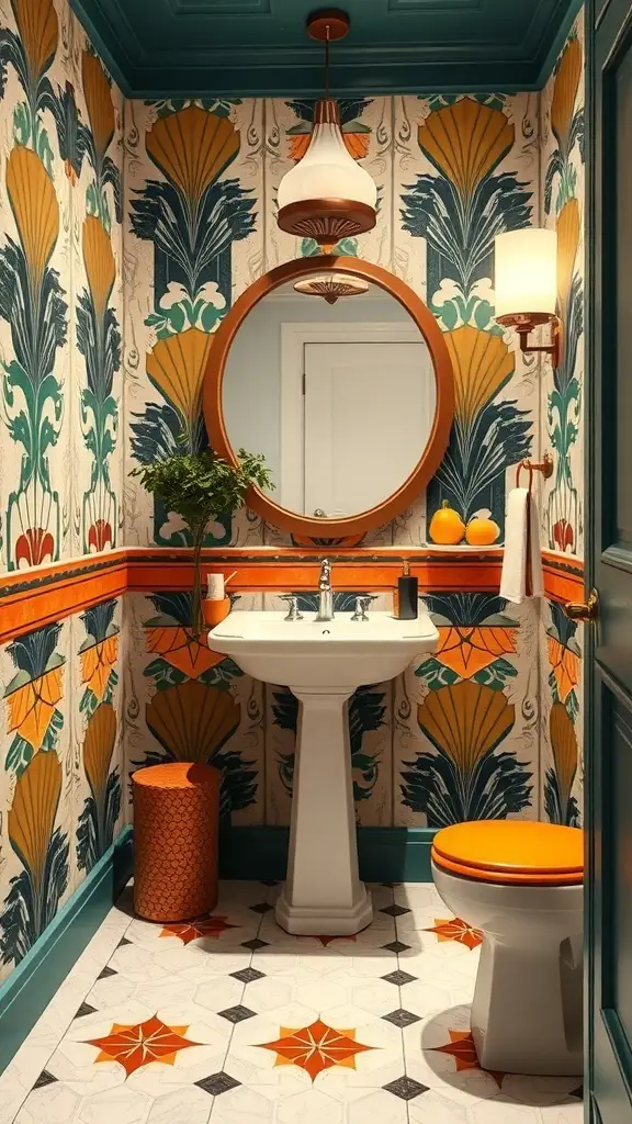 29+ Stunning Half Bath Wallpaper Ideas to Transform Your Space 6 Art Deco style half bath with vibrant floral wallpaper, elegant lighting, and modern fixtures.