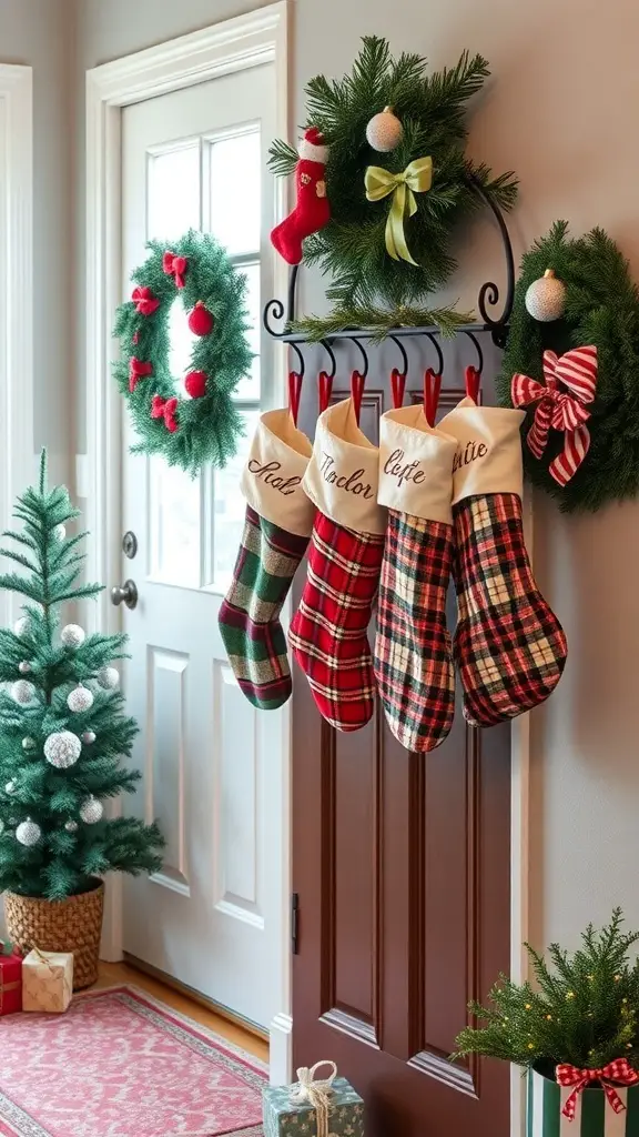 Personalized holiday stockings hanging in an entryway, decorated with wreaths and a small Christmas tree.