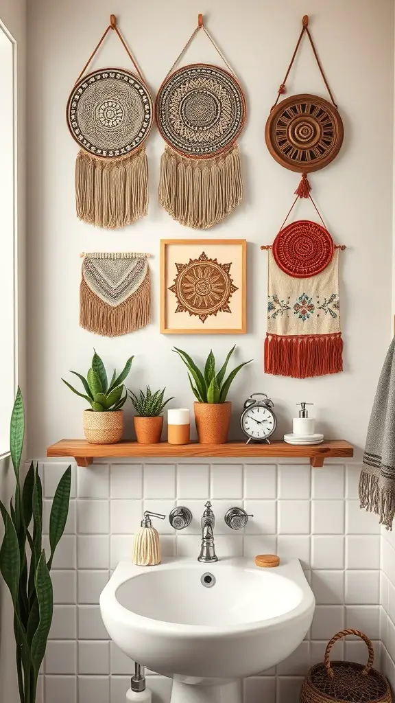 29+ Inspiring Boho Bathroom Shelf Decor Ideas to Transform Your Space 5 A collection of artistic wall hangings in a boho bathroom, featuring woven designs and earthy tones.