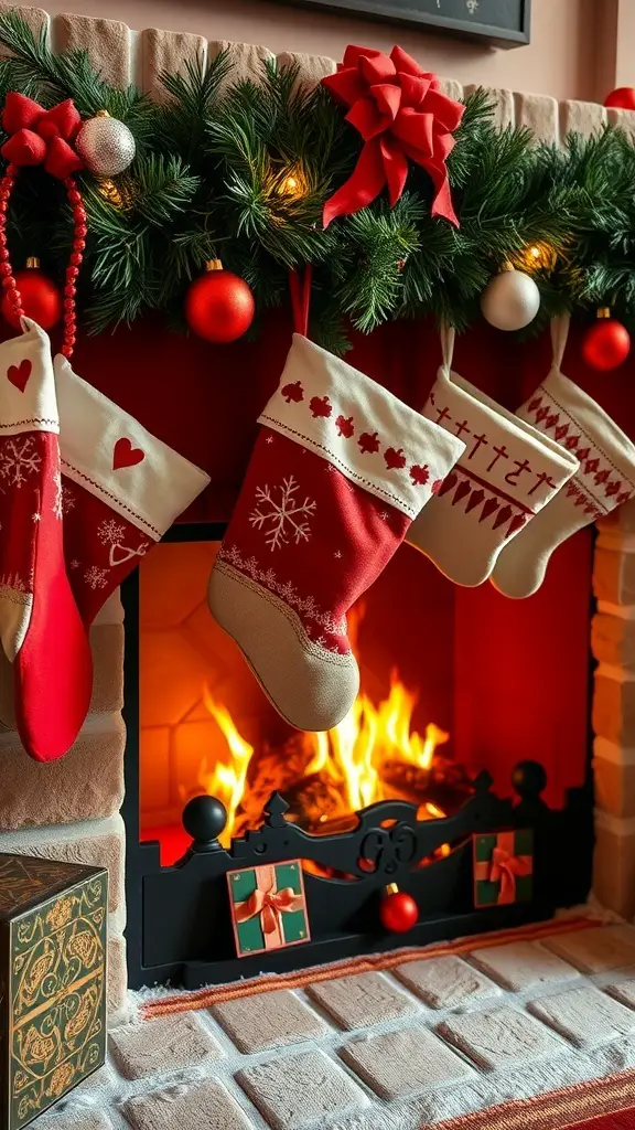 A cozy fireplace with decorated Christmas stockings hanging above it.
