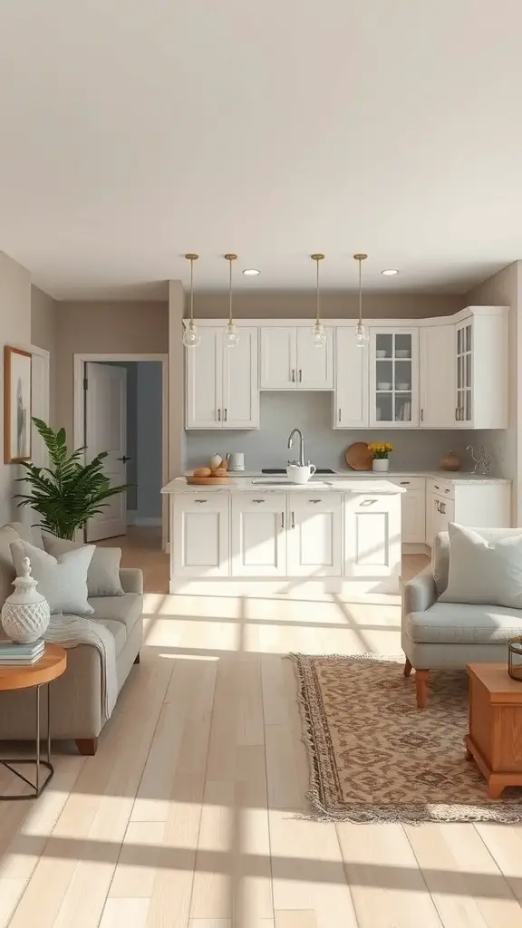 25+ Stunning Antique White Kitchen Cabinets for Timeless Style 11 Bright open-concept kitchen with antique white cabinets and cozy seating area