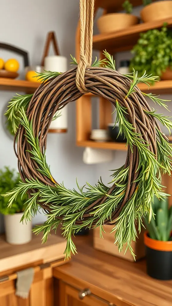 A grapevine wreath adorned with fresh herbs, hanging in a kitchen setting.