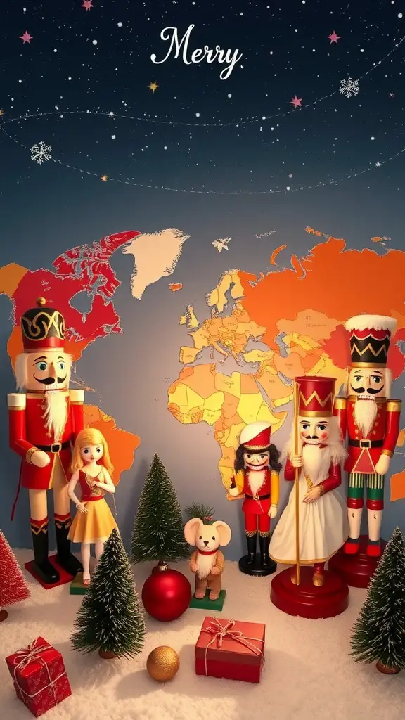 25+ Magical Nutcracker Christmas Decorations You Need This Holiday Season 14 A festive display of nutcracker figures and a world map, symbolizing holiday traditions.