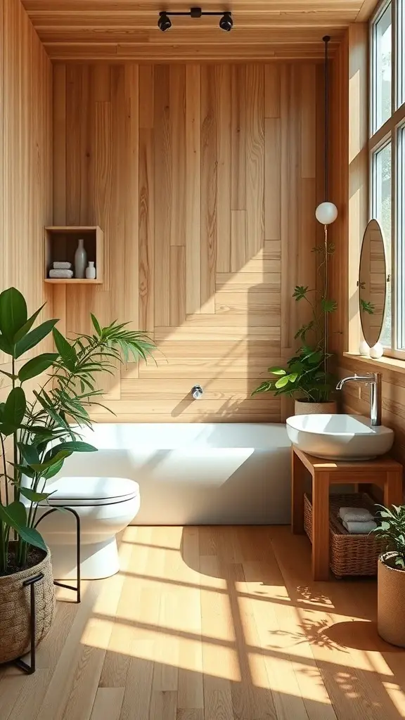 29+ Stunning Bathroom Flooring Ideas to Transform Your Space 7 A bright bathroom featuring bamboo flooring, wooden walls, and plants.