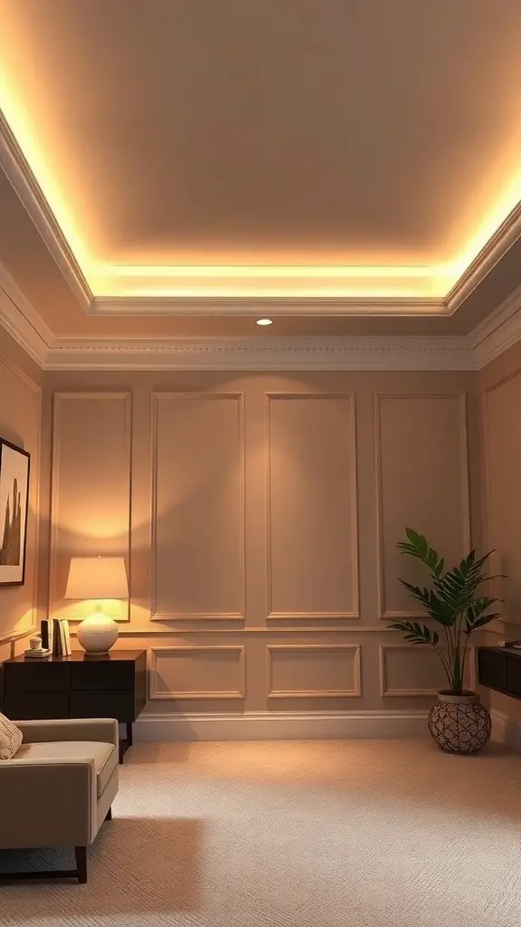 25+ Stylish Wall Trim Ideas to Enhance Your Home Decor 10 A room featuring crown molding with LED lighting, showcasing a cozy and elegant atmosphere.
