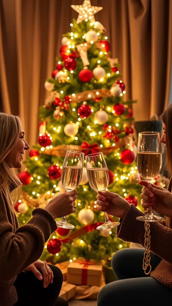 27+ Stunning Champagne Christmas Tree Ideas You Need to Try 14 Two friends toasting with champagne glasses in front of a decorated Christmas tree