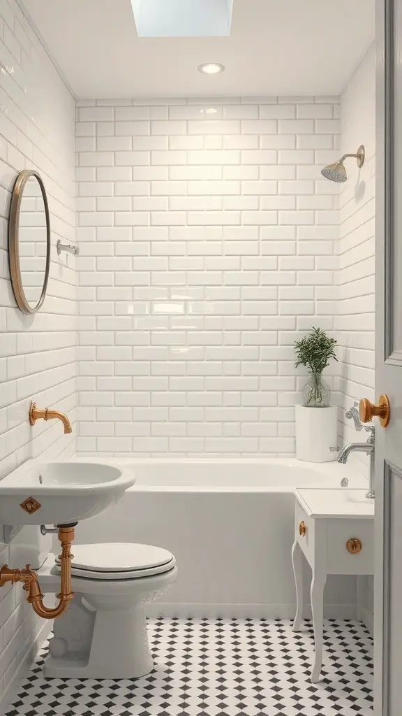 A stylish bathroom featuring white subway tiles, gold fixtures, and black and white floor tiles.