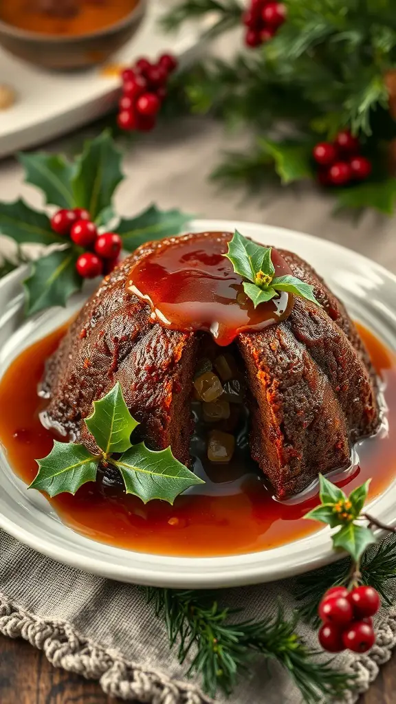 25+ Must-Have Dishes for Your Christmas Dinner Buffet 14 A rich Christmas pudding topped with brandy sauce and garnished with holly leaves and berries.