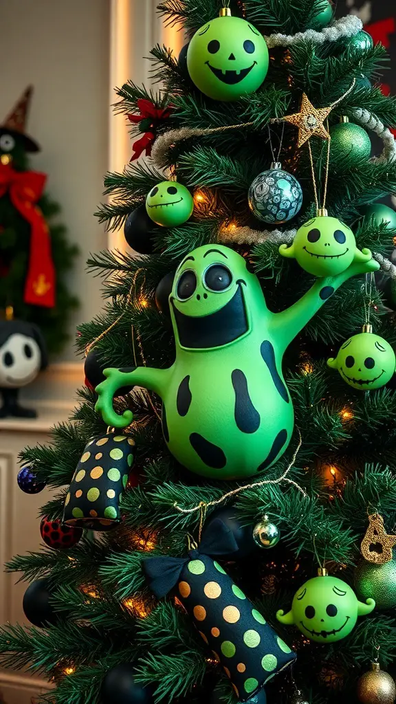 25+ Creative Nightmare Before Christmas Tree Ideas for Holiday Magic 6 A Christmas tree decorated with Oogie Boogie themed ornaments, featuring green and black colors, playful designs, and spooky accents.