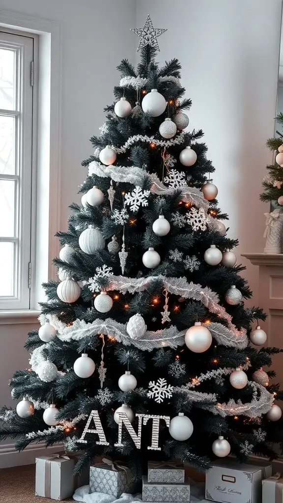 27+ Stunning Black Christmas Tree Ideas to Elevate Your Holiday Decor 9 A beautifully decorated black Christmas tree with white and silver ornaments, featuring warm lights and wrapped gifts underneath.