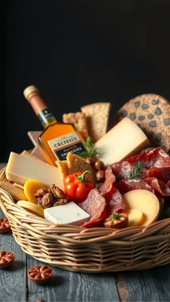 A gourmet food basket filled with cheeses, cured meats, crackers, nuts, and a bottle of beverage.