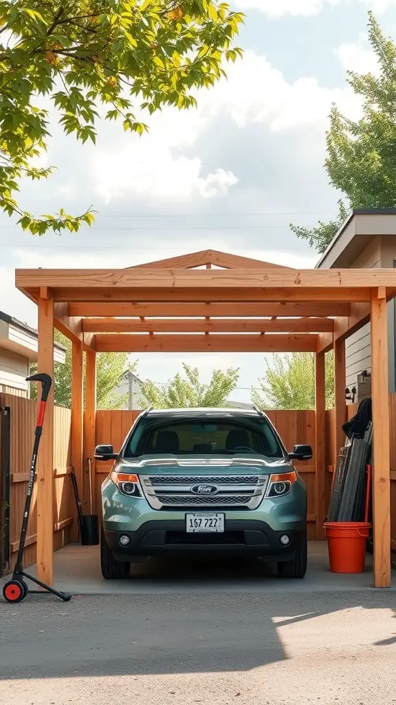 25+ Stylish Carport Ideas to Enhance Your Garage Front 6 A carport in front of a garage with a vehicle parked inside, surrounded by trees.