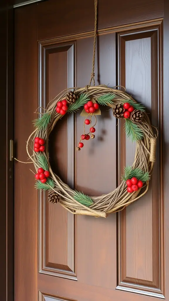 A wooden Christmas wreath decorated with red berries and pinecones, hanging on a door.